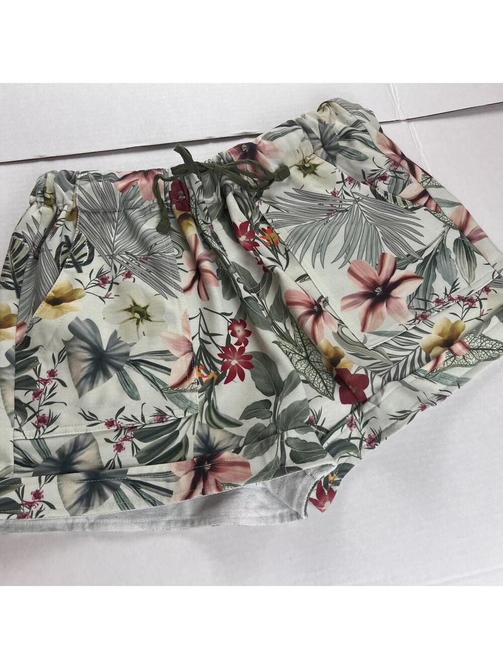 Botanical Tropical Floral WMN's Pull-On Shorts Drawstring, Casual Summer, Size L